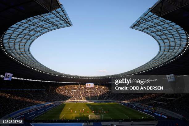 General view shows the Olympic Stadium during the German first division Bundesliga football match Hertha BSC Berlin v TSG Hoffenheim in Berlin,...