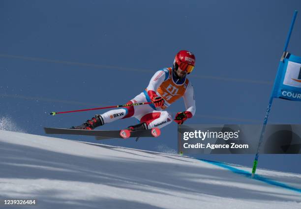 Loic Meillard of Team Switzerland in action during the Audi FIS Alpine Ski World Cup Men's Giant Slalom on March 19, 2022 in Courchevel, France.