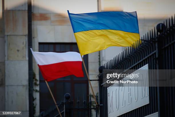 Ukrainian and Polish flags are seen flying at the National Museum in Warsaw, Poland on 19 March, 2022.