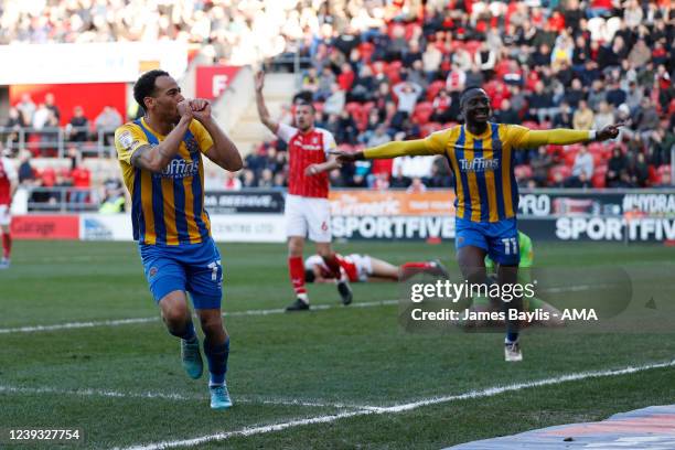 Elliott Bennett of Shrewsbury Town celebrates after scoring a goal to make it 0-2 during the Sky Bet League One match between Rotherham United and...
