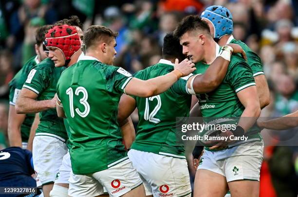 Dublin , Ireland - 19 March 2022; Dan Sheehan of Ireland celebrates with teammates after scoring their side's first try during the Guinness Six...