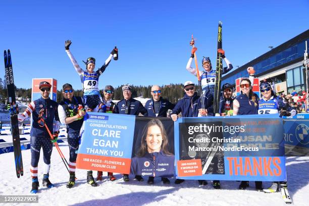 The US team celebrates the two retiring athletes Clare Egan and Susan Dunklee during the Cups at the IBU World Cup Biathlon Oslo on March 17, 2022 in...