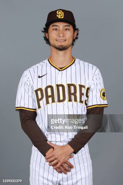 Yu Darvish of the San Diego Padres poses for a photo during the San Diego Padres Photo Day at Peoria Sports Complex on Thursday, March 17, 2022 in...