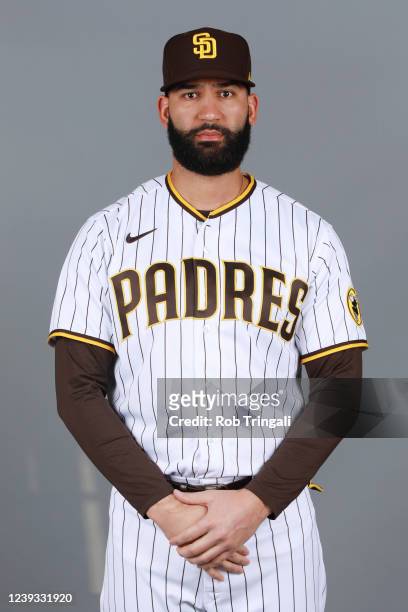 Nomar Mazara of the San Diego Padres poses for a photo during the San Diego Padres Photo Day at Peoria Sports Complex on Thursday, March 17, 2022 in...