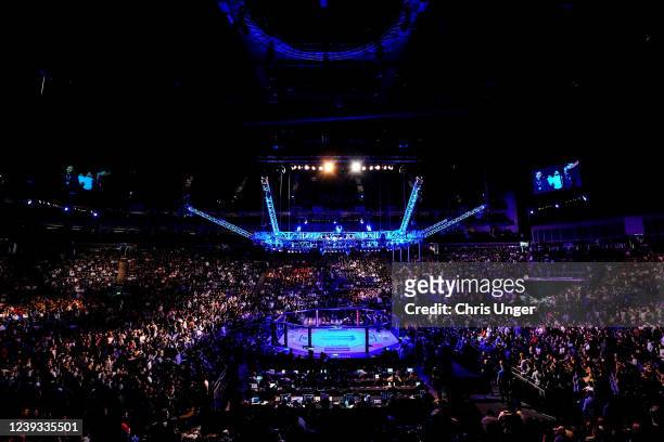 General view of the Octagon during the UFC Fight Night event at O2 Arena on March 19, 2022 in London, England.
