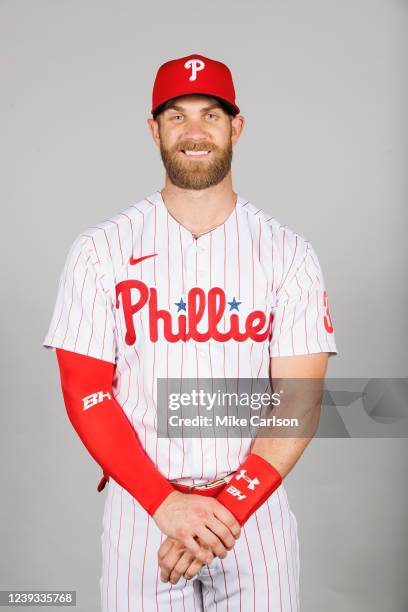 Bryce Harper of the Philadelphia Phillies poses for a photo during the Philadelphia Phillies Photo Day at BayCare Ballpark on Thursday, March 17,...