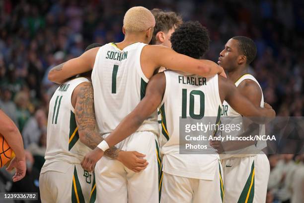 The Baylor Bears huddle against the North Carolina Tar Heels during the second round of the 2022 NCAA Men's Basketball Tournament held at Dickies...