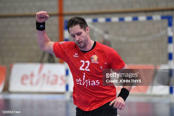 Belgium's Yves Van Coen celebrates after scoring during a game between Belgian national team 'Red Wolves' and Slovakia, Saturday 19 March 2022, in...