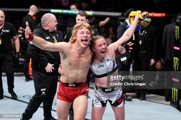 Paddy Pimblett of England and Molly McCann of England celebrate his submission victory over Kazula Vargas of Mexico in a lightweight fight during the...