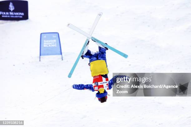 Jaelin Kauf of Team United States takes 3rd place during the FIS Freestyle Ski World Cup Men's and Women's Moguls on March 19, 2022 in Megeve, France.