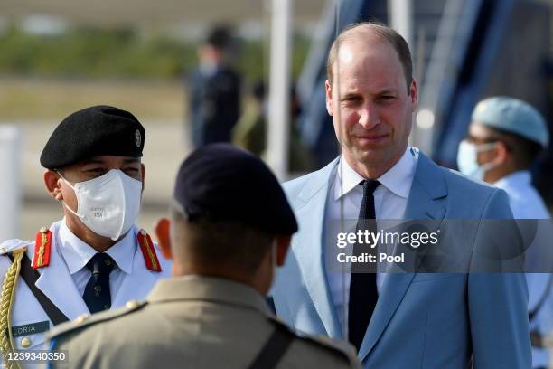 Prince William, Duke of Cambridge arrives at Philip S. W Goldson International Airport to start the Royal Tour of the Caribbean on March 19, 2022 in...