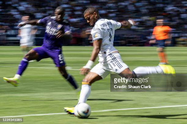 Samuel Grandsir of Los Angeles Galaxy during the match against Orlando City at the Dignity Health Sports Park on March 19, 2022 in Carson,...