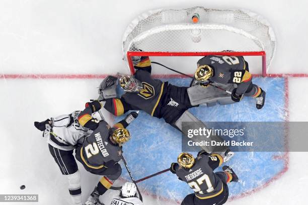 Goalie Logan Thompson of the Vegas Golden Knights defends the net against the Los Angeles Kings during a game at T-Mobile Arena on March 19, 2022 in...