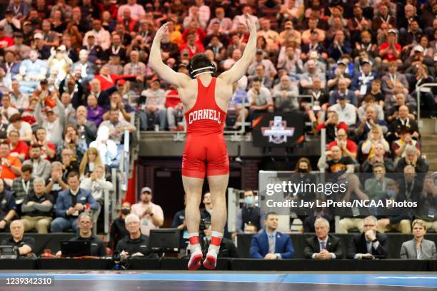 Yianni Diakomihalis of the Cornell Big Red celebrates his win over Ridge Lovett of the Nebraska Cornhuskers in the 149-pound final match during the...