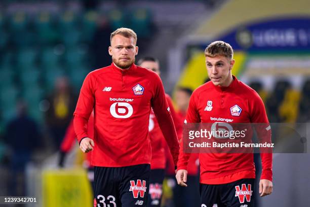 Maxime WACKERS of Lille and Simon RAMET of Lille warms up prior to the French Ligue 1 Uber Eats soccer match between Nantes and Lille at Stade de la...