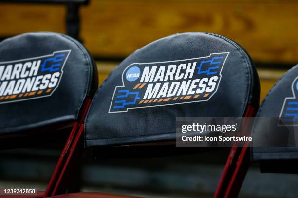 The NCAA March Madness logo on display on a chair cover during a NCAA Division I Women's Basketball Championship first round game between the...
