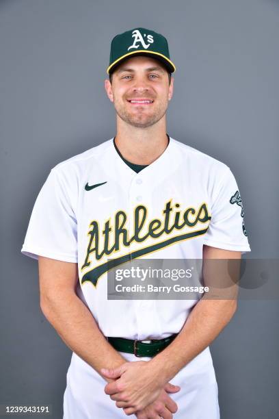 Justin Grimm of the Oakland Athletics poses for a photo during the Oakland Athletics Photo Day at Hohokam Park on Thursday, March 17, 2022 in Mesa,...