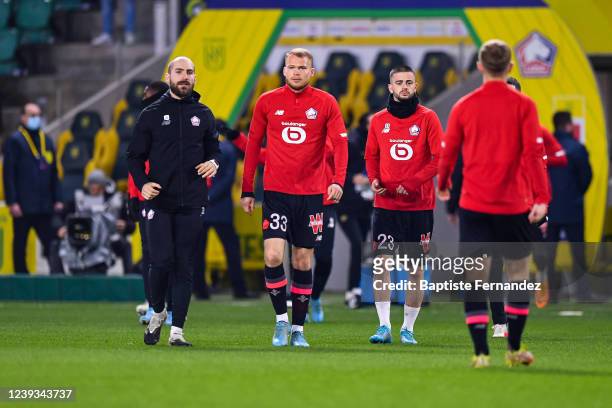 Maxime WACKERS of Lille and Edon ZHEGROVA of Lille warms up prior to the French Ligue 1 Uber Eats soccer match between Nantes and Lille at Stade de...