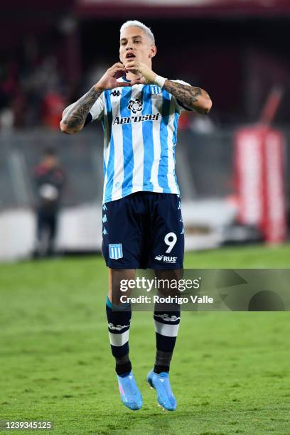 Enzo Copetti of Racing Club celebrates after scoring the second goal of his team during a Copa de la Liga 2022 match between Independiente and Racing...