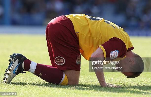 Paul Turnbull of Northampton Town in pain after a challenge during the npower League Two match between Southend United and Northampton Town at Roots...