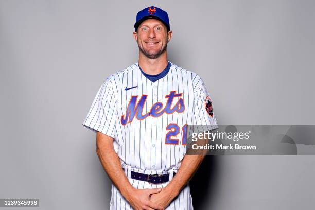Max Scherzer of the New York Mets poses for a photo during the New York Mets Photo Day at Clover Park on Wednesday, March 16, 2022 in Port St. Lucie,...