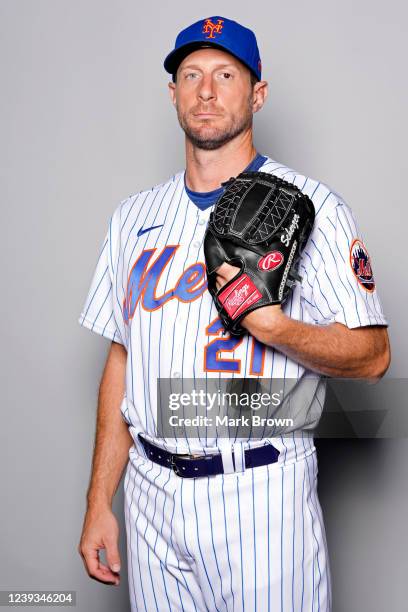 Max Scherzer of the New York Mets poses for a photo during the New York Mets Photo Day at Clover Park on Wednesday, March 16, 2022 in Port St. Lucie,...