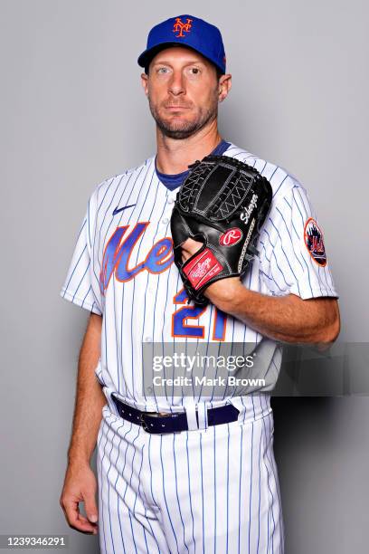 Max Scherzer of the New York Mets poses for a photo during the New York Mets Photo Day at Clover Park on Wednesday, March 16, 2022 in Port St. Lucie,...