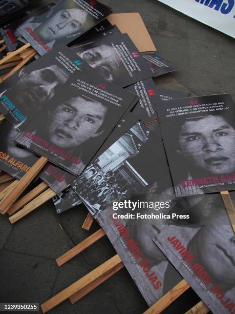 Banners with portraits of victims and missing people during the Fujimori rule when people participate in a protest against the pardon of former...