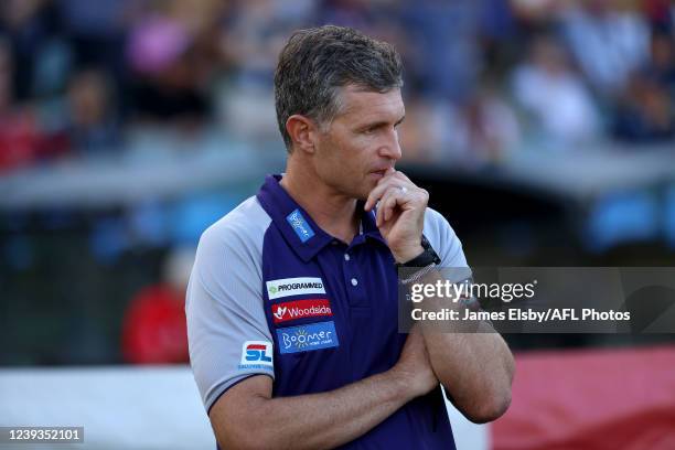 Justin Longmuir, Senior Coach of the Dockers during the 2022 AFL Round 01 match between the Adelaide Crows and the Fremantle Dockers at Adelaide Oval...