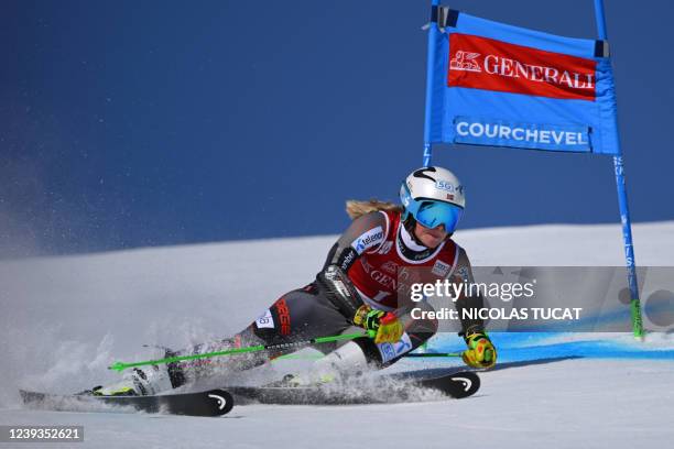 Norway's Ragnhild Mowinckel competes during the first run of the Women's Giant slalom as part of the FIS Alpine Ski World Cup finals 2021/2022 in...