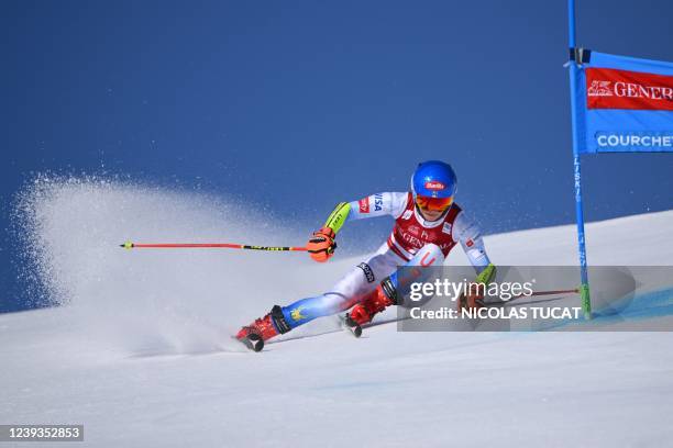 Mikaela Shiffrin competes during the first run of the Women's Giant slalom as part of the FIS Alpine Ski World Cup finals 2021/2022 in Meribel,...