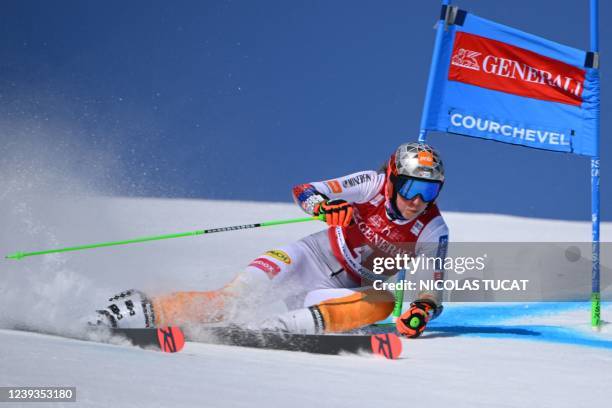 Slovakia's Petra Vlhova competes during the first run of the Women's Giant slalom as part of the FIS Alpine Ski World Cup finals 2021/2022 in...