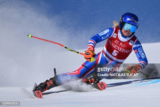 France's Tessa Worley competes during the first run of the Women's Giant slalom as part of the FIS Alpine Ski World Cup finals 2021/2022 in Meribel,...