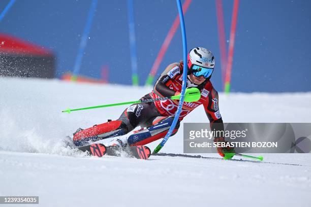 Norway's Henrik Kristoffersen competes during the first run of the Men's slalom as part of the FIS Alpine Ski World Cup finals 2021/2022 in Meribel,...