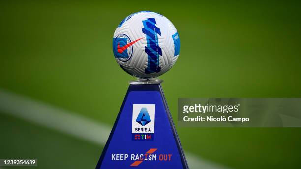 Official Serie A matchball Nike Flight is seen on a plinth bearing logo of Serie A and the write 'Keep racism out' prior to the Serie A football...