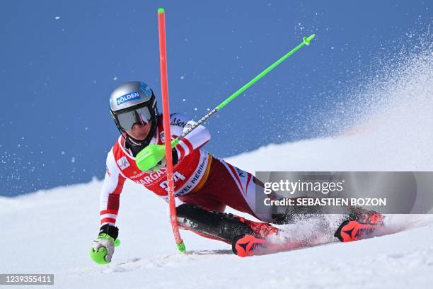 Austria's Fabio Gstrein competes in the first run of the Men's slalom as part of the FIS Alpine Ski World Cup finals 2021/2022 in Meribel, French...