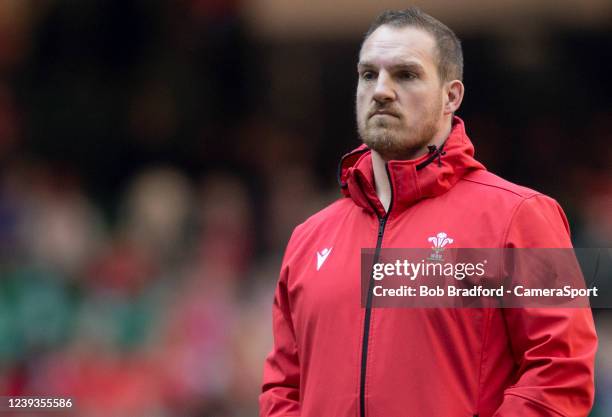 Wales Defence Coach Gethin Jenkins during the Six Nations Rugby match between Wales and Italy at Principality Stadium on March 19, 2022 in Cardiff,...