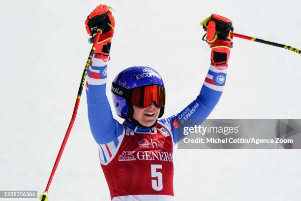 Tessa Worley of Team France celebrates during the Audi FIS Alpine Ski World Cup Women's Giant Slalom on March 20, 2022 in Courchevel, France.