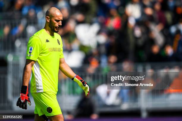 Niki Maenpaa of Venezia reacts with disappointment after conceding Francesco Caputo of Sampdoria a goal during the Serie A match between Venezia FC...