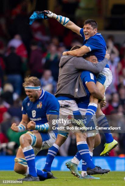 Italys Juan Ignacio Brex celebrates at the final whistle during the Six Nations Rugby match between Wales and Italy at Principality Stadium on March...