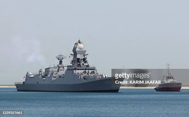 Indian Navy Warship INS Kolkata arrives at Hamad Port during the Doha International Maritime Defence Exhibition & Conference in the Qatari capital...