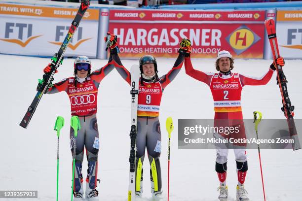 Henrik Kristoffersen of Team Norway takes 2nd place, Atle Lie Mcgrath of Team Norway takes 1st place, Manuel Feller of team Austria takes 3rd place...