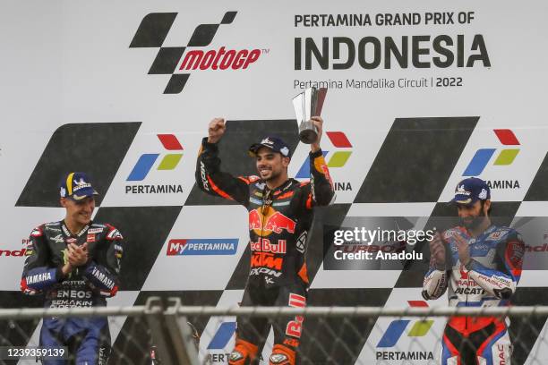 Portuguese MotoGP rider Miguel Oliveira of Red Bull KTM Factory Racing , French rider Fabio Quartararo of Monster Energy Yamaha MotoGP and French...