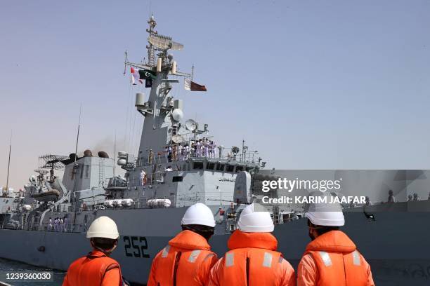Fast attack craft PNS HIMMAT of the Pakistan Navy arrives at Hamad Port during the Doha International Maritime Defence Exhibition & Conference , in...