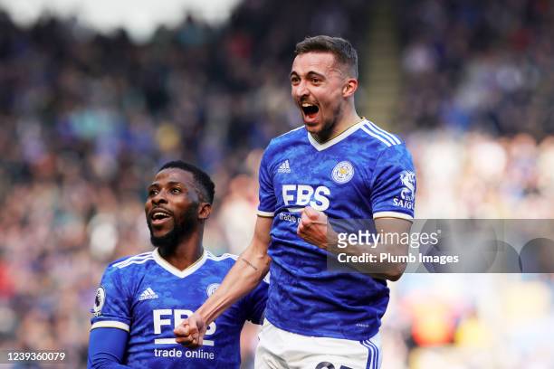 Timothy Castagne of Leicester City celebrates with Kelechi Iheanacho of Leicester City after scoring to make it 1-0 during the Premier League match...