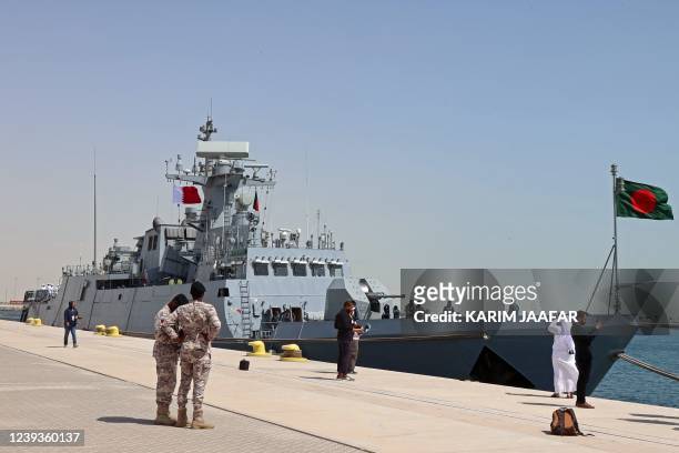Bangabandhu Frigate of the Bangladesh Navy is docked at Hamad Port during the Doha International Maritime Defence Exhibition & Conference , in the...