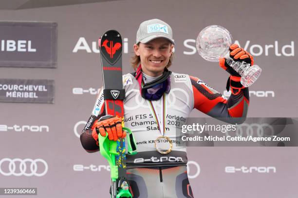 Henrik Kristoffersen of Team Norway wins the globe in the overall standings during the Audi FIS Alpine Ski World Cup Men's Slalom on March 20, 2022...