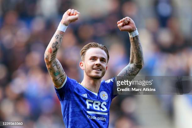 James Maddison of Leicester City celebrates scoring thier 2nd goal during the Premier League match between Leicester City and Brentford at The King...