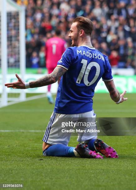 James Maddison of Leicester City celebrates scoring thier 2nd goal during the Premier League match between Leicester City and Brentford at The King...