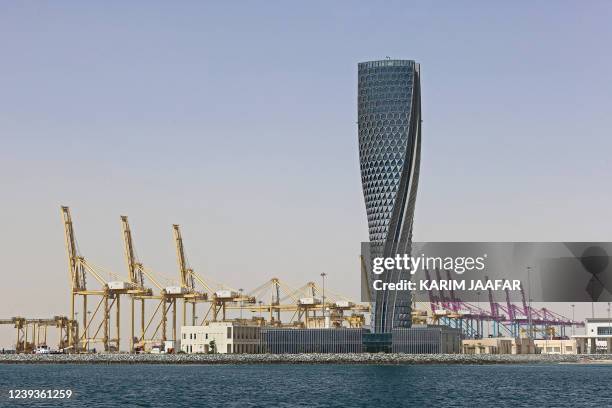 General view shows the control tower of Hamad Port in the Qatari capital Doha on March 20, 2022.